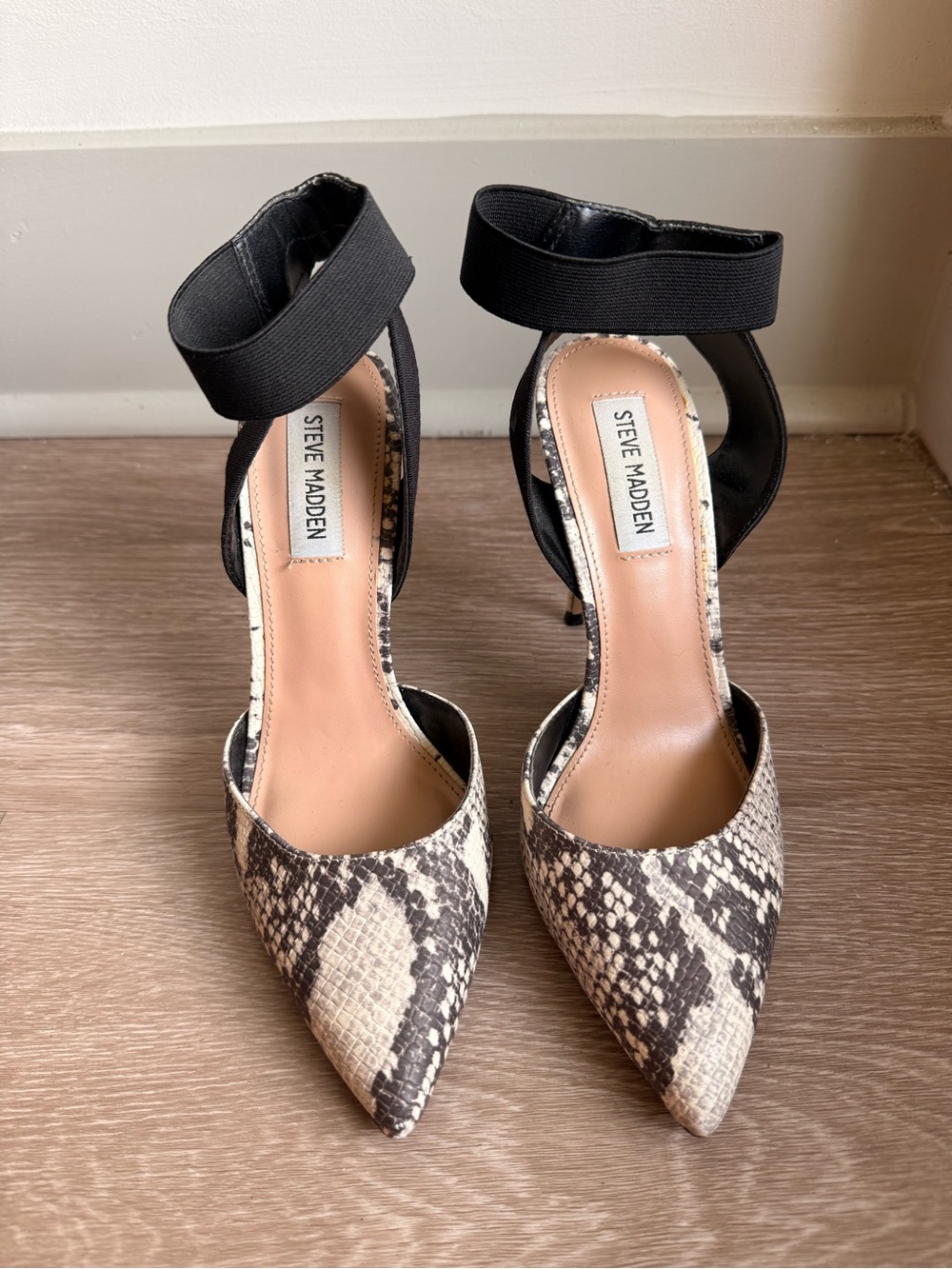 Steve Madden Black and Beige Snake-Print Pointed Ankle-Strap Heels